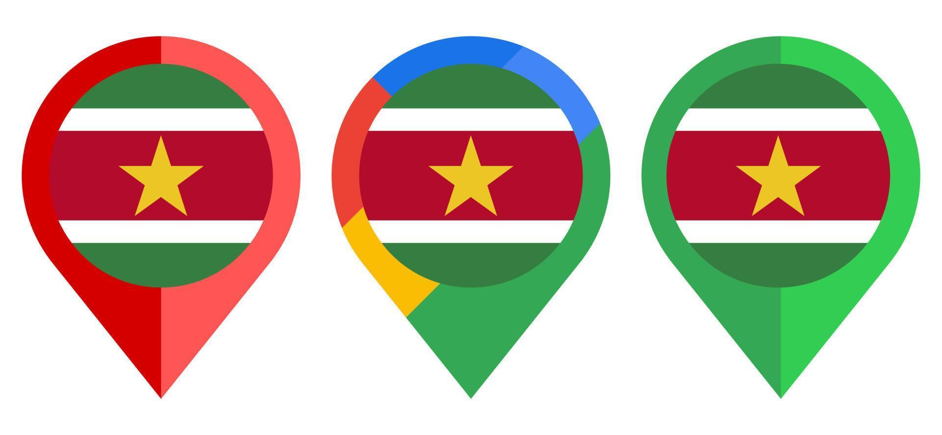 icono de marcador de mapa plano con bandera de surinam aislado sobre fondo blanco vector