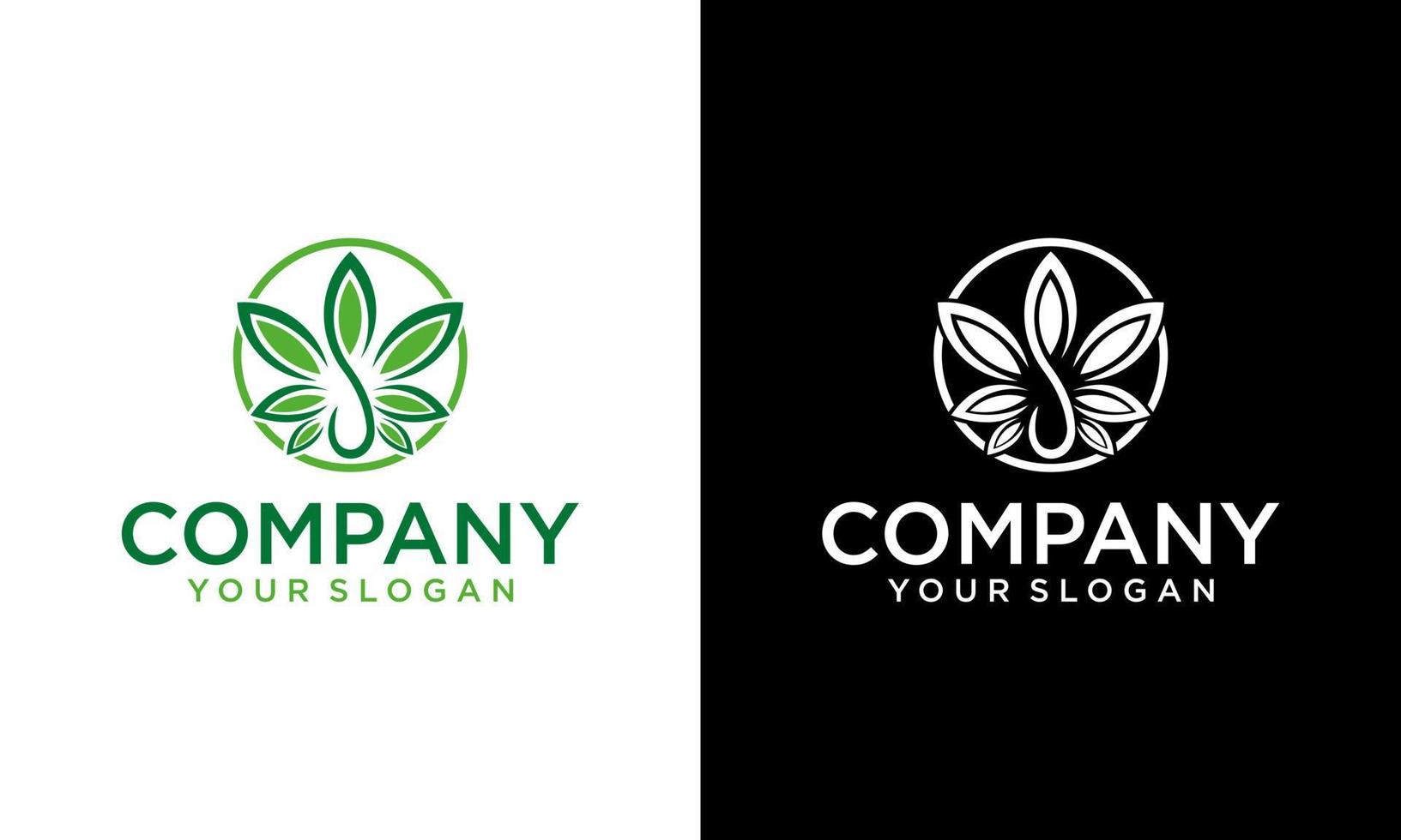 Cannabis logo vector for medical and health care therapy. CBD leaf silhouette with circle bubble chat information icon. Simple modern style. Apply to web site, template illustration and application