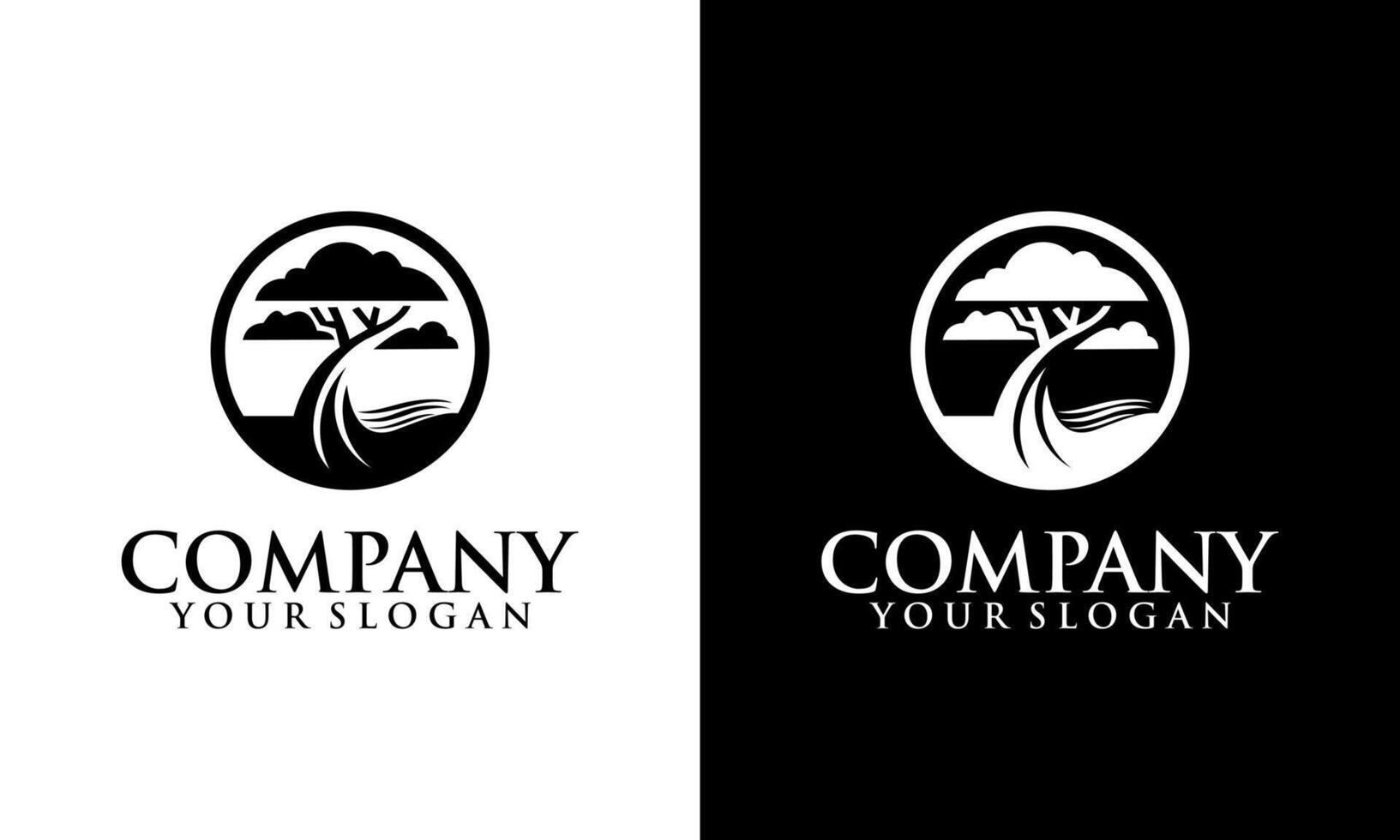 Circle Oak Tree Logo Design, Vector black silhouette of a tree in a circle isolated on a white and black background.