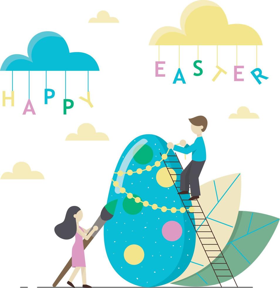 Happy Easter. People paint an easter egg. Flat design. Vector illustration.