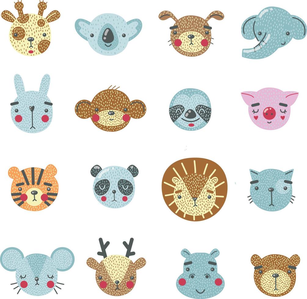 Set of cartoon cute animals for baby card, invitation and print. Set of animal faces. Vector illustration. Cat, bear, mouse, deer, hippopotamus, lion,panda, tiger, pig, sloth, monkey, rabbit, dog