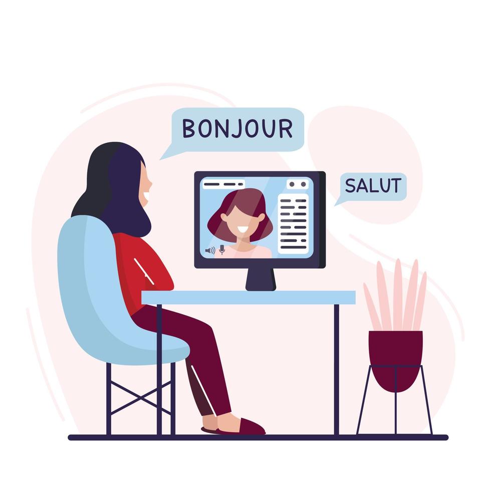 Woman is learning French at home. Digital course. Online education. Online language courses. Language practice. Lettering SALUT, BONJOUR. Vector illustration. Flat.