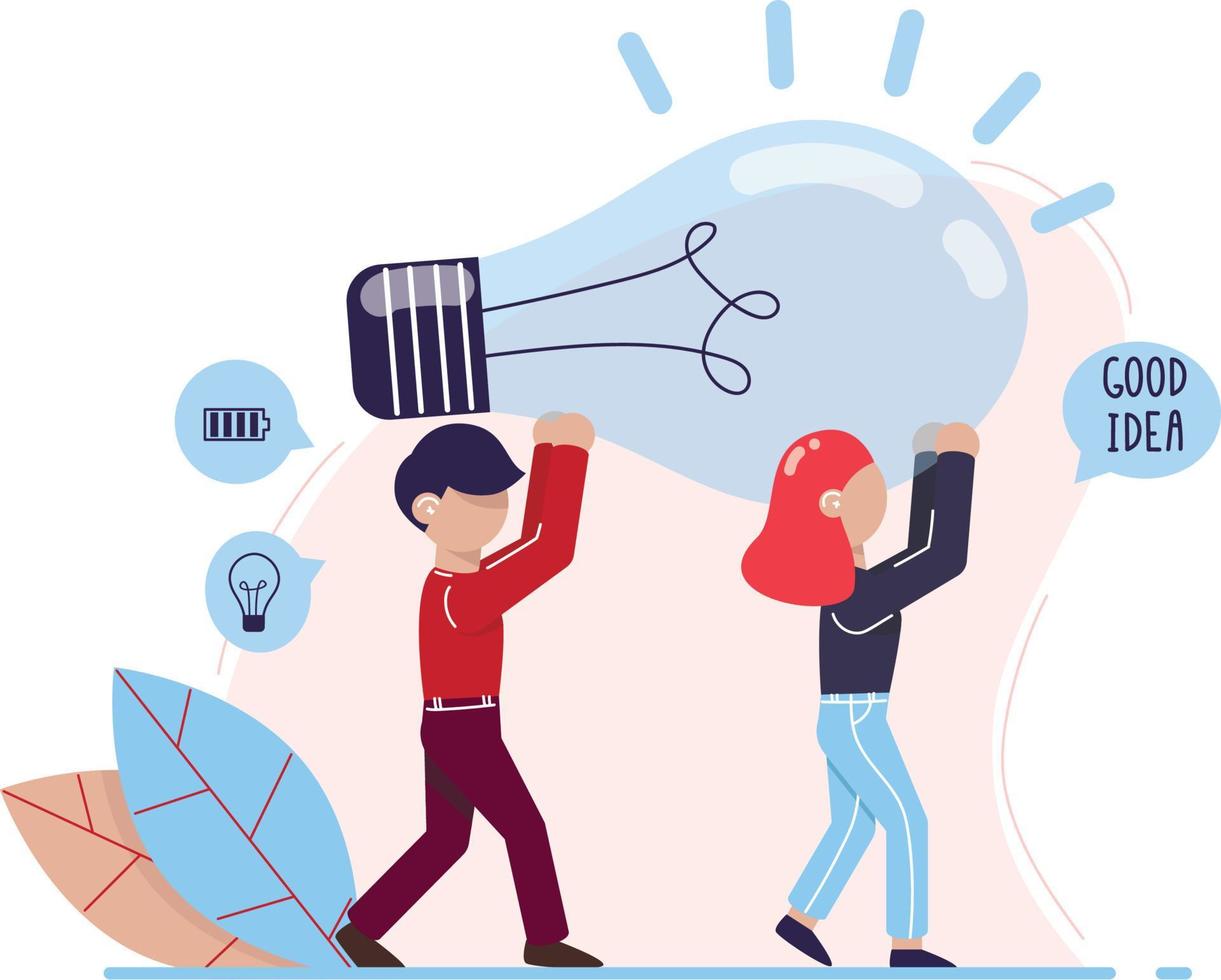 A man and a woman are holding a huge light bulb. Metaphor of the seach for ideas. Office workers found a good idea.Brainstorming, collabration. Vector illustration.