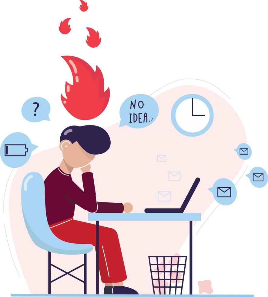 Emotional burnout man sitting at his working place with computer in an office. Tired businessman with low battery. No idea. Hard work. Vector illustration.