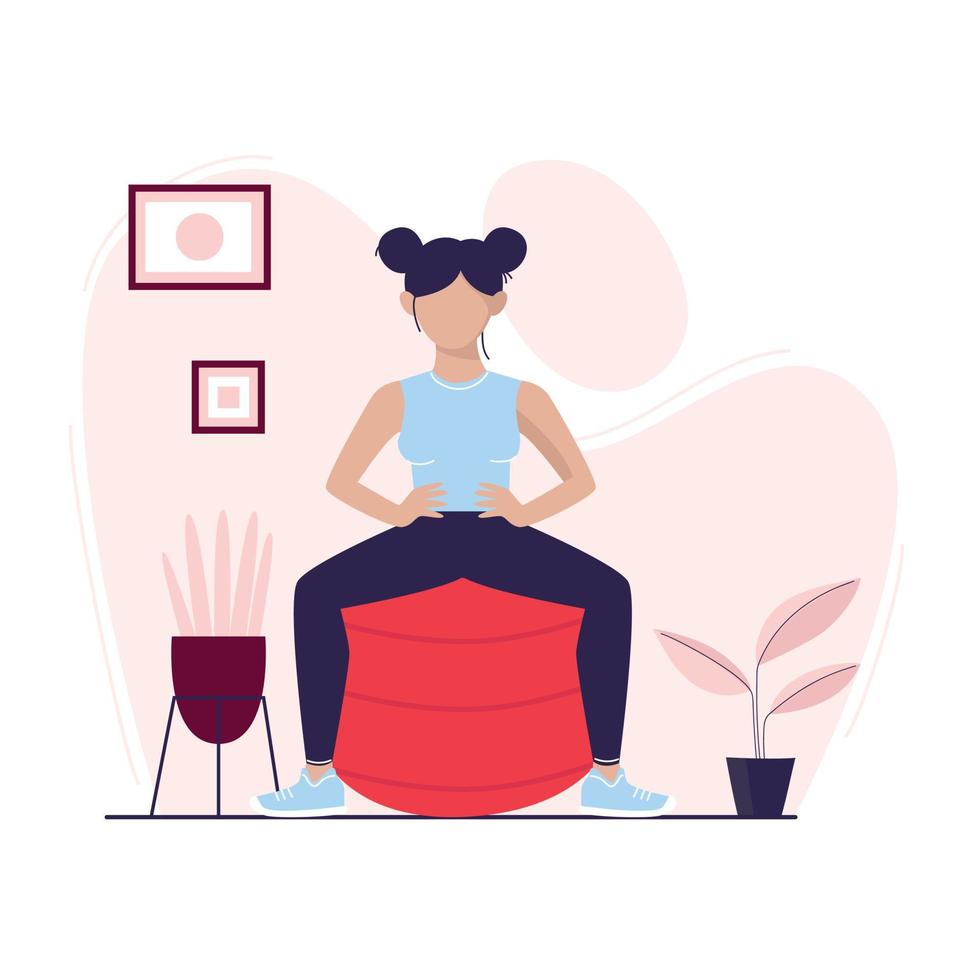 una mujer joven está haciendo un ejercicio con fit ball. estilo de vida saludable en cuarentena. actividades del hogar. ilustración vectorial vector