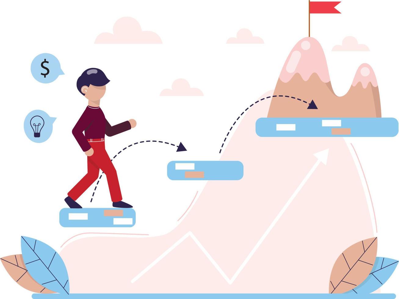 Young man run  to his goal. Move up motivation.  Business concept. Vector illustration.