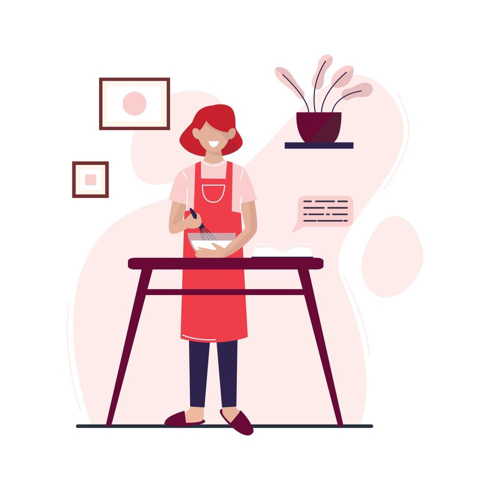 Young woman is cooking in the kitchen. Woman prepares food  at home.  Flat vector illustration.