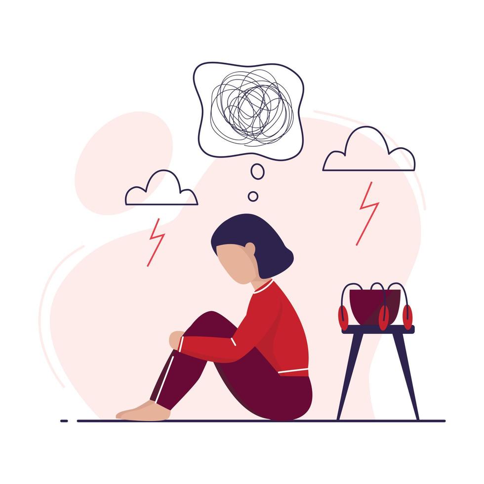 Depression woman sit on the floor. Psychology, depression, bad mood, stress. Unhappy young woman. Depression concept. Flat vector illustration.