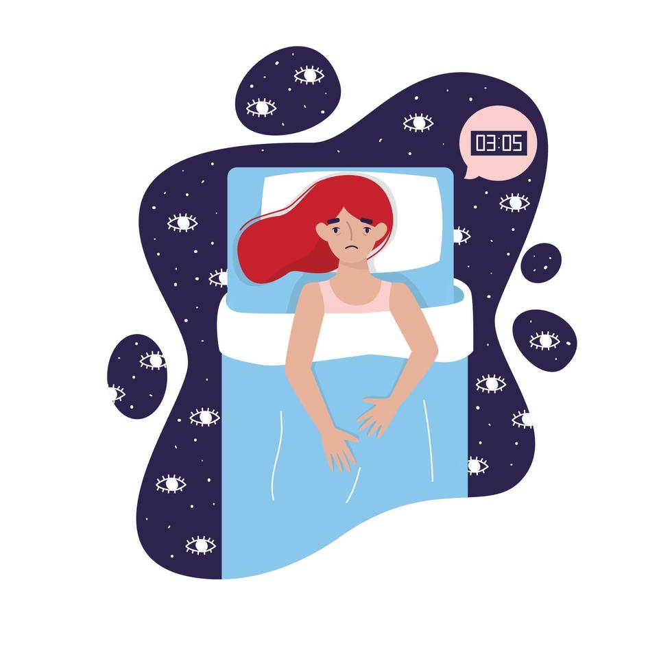 Tired young woman insomniac lying in bed with her eyes open. Woman try to sleep under blanket. Insomnia. Sleeplessness. Flat vector illustration.