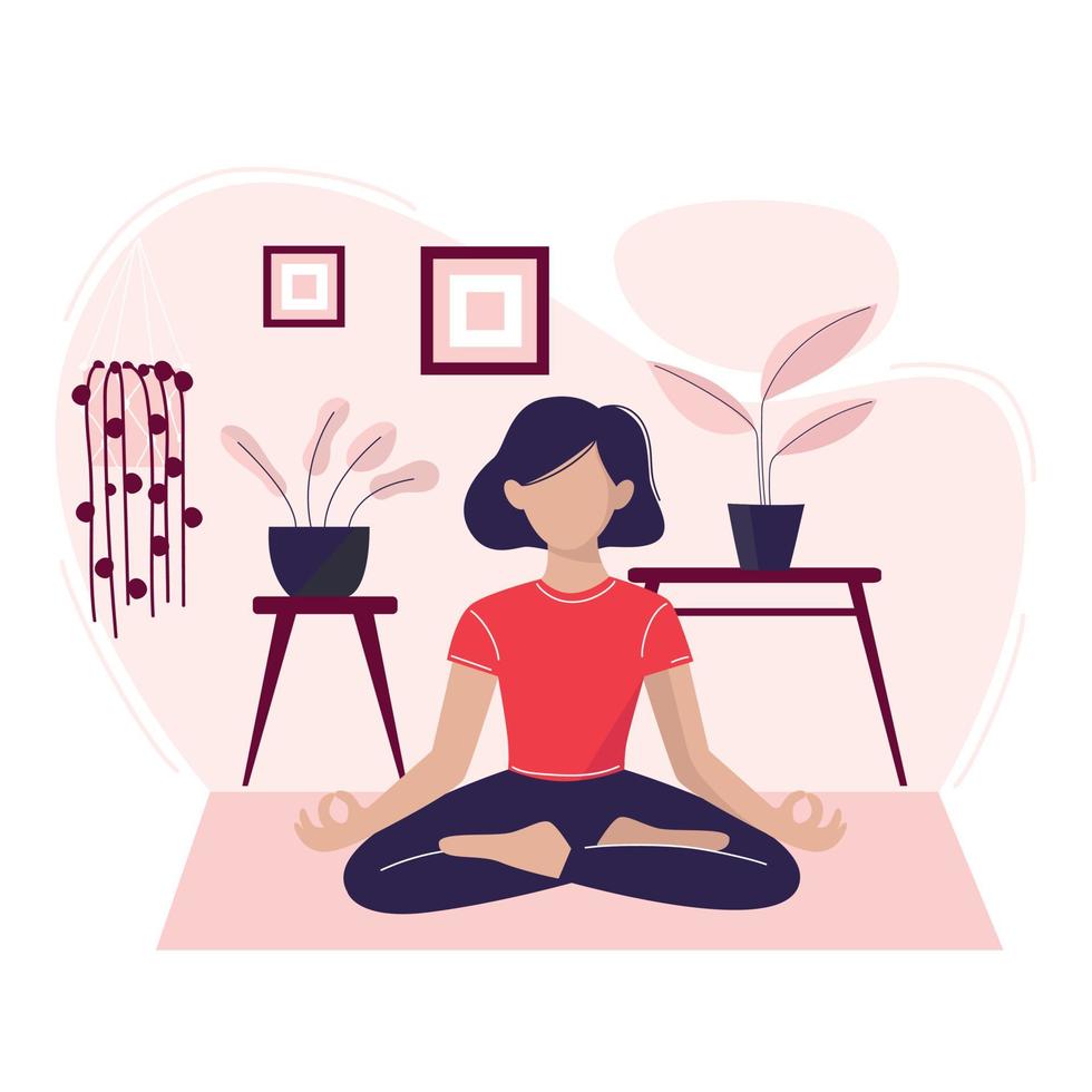 A young woman. is meditating in a room. Concept illustration for yoga, meditation, relax. Healthy lifestyle in quarantine. Vector illustration.