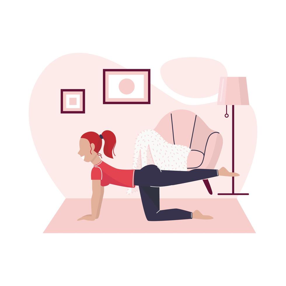 A young woman is doing sport at home. Exercises at home. Healthy lifestyle in quarantine. Home activities. Flat. Vector illustration.