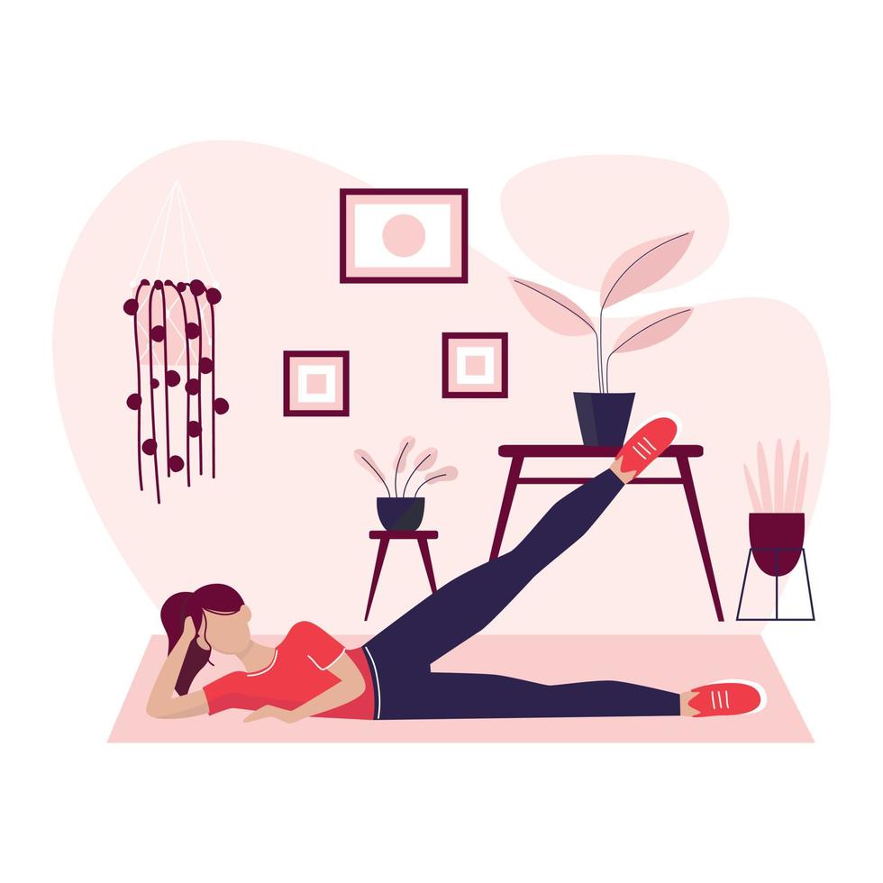 A young woman is doing sport at home. Exersises at home. Healthy lifestyle in quarantine. Sports at home. Home activities. Flat design. Vector ilustration.