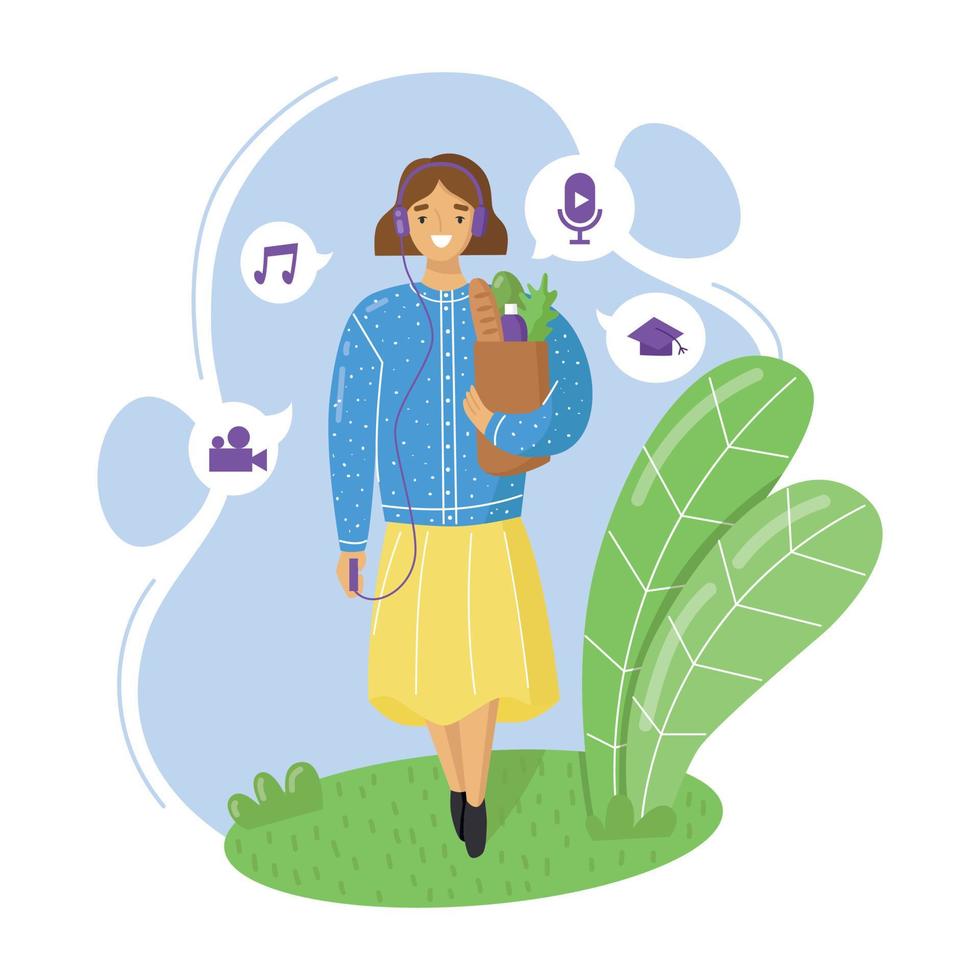 Young woman wearing headphones, goes shopping and listening to podcasts, online radio streaming, music or audiobooks. Flat vector illustration.