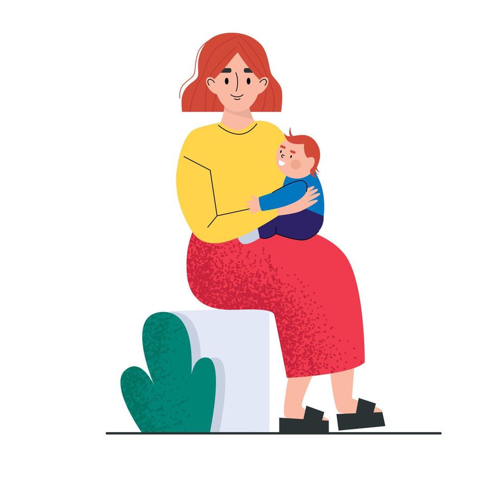 A woman sitting and holding a little baby. A mother and little son. Vector illustration.
