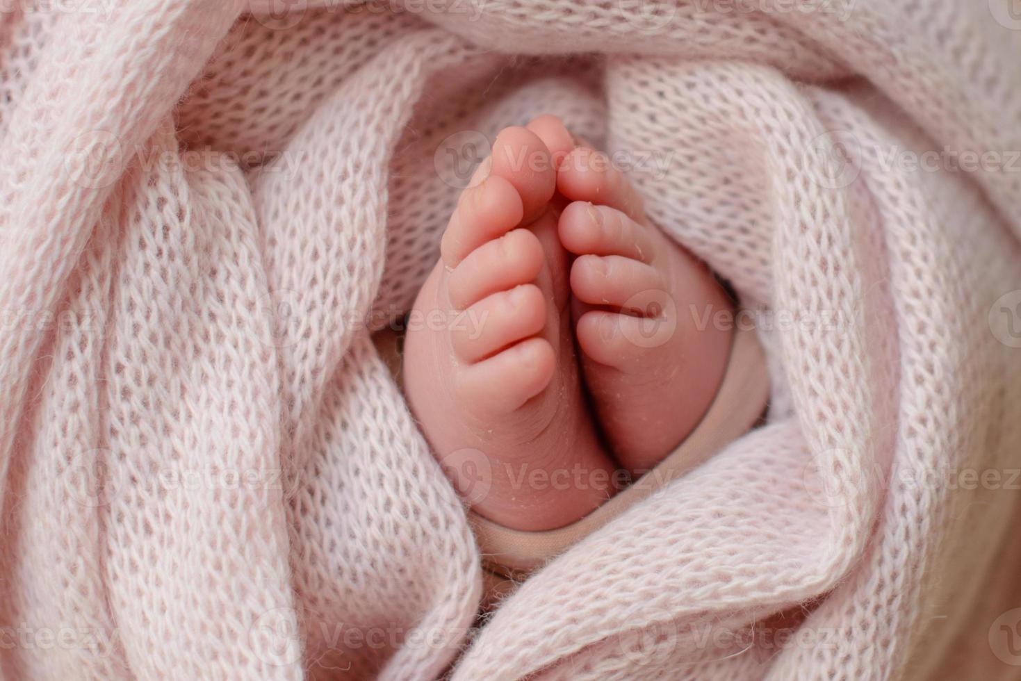 Small beautiful legs of a newborn baby in the first days of life photo