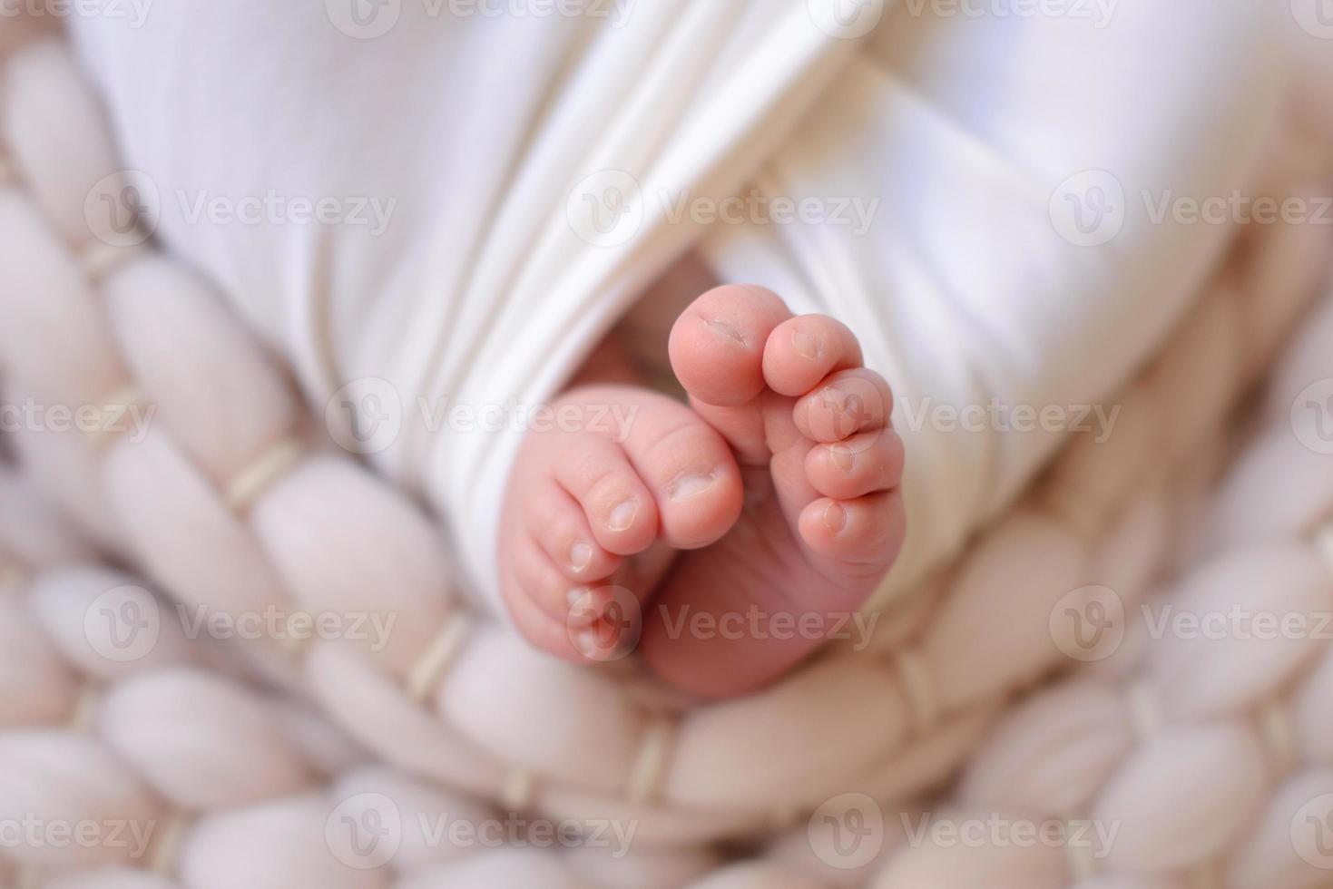 Small beautiful legs of a newborn baby in the first days of life photo