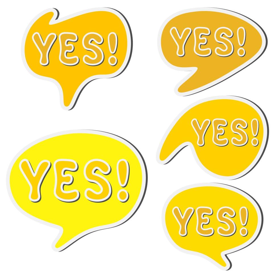 Set of yellow sticker speech bubbles and word yes isolated on white background. vector