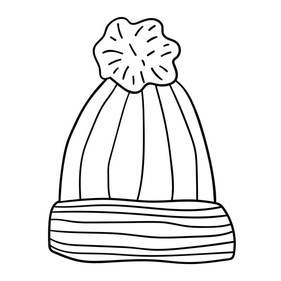 Wool hat with pompom. Hand drawn cartoon doodle linear cap isolated on white background. vector