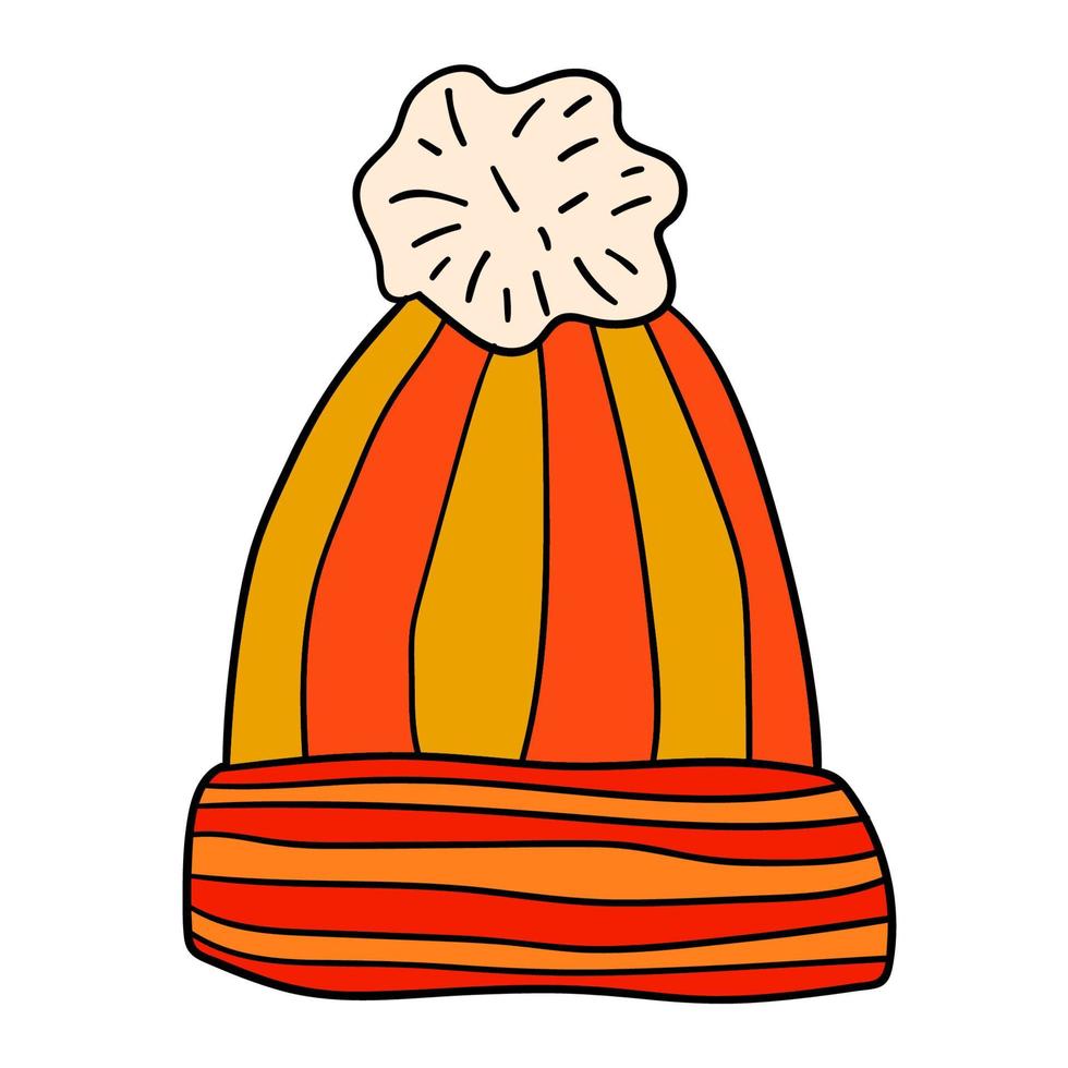 Wool hat with pompom. Hand drawn cartoon doodle linear cap isolated on white background. vector
