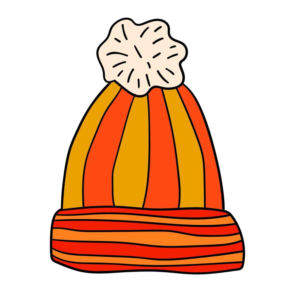 Gorro de lana con pompón. tapa lineal de fideos de dibujos animados dibujados a mano aislada sobre fondo blanco. vector