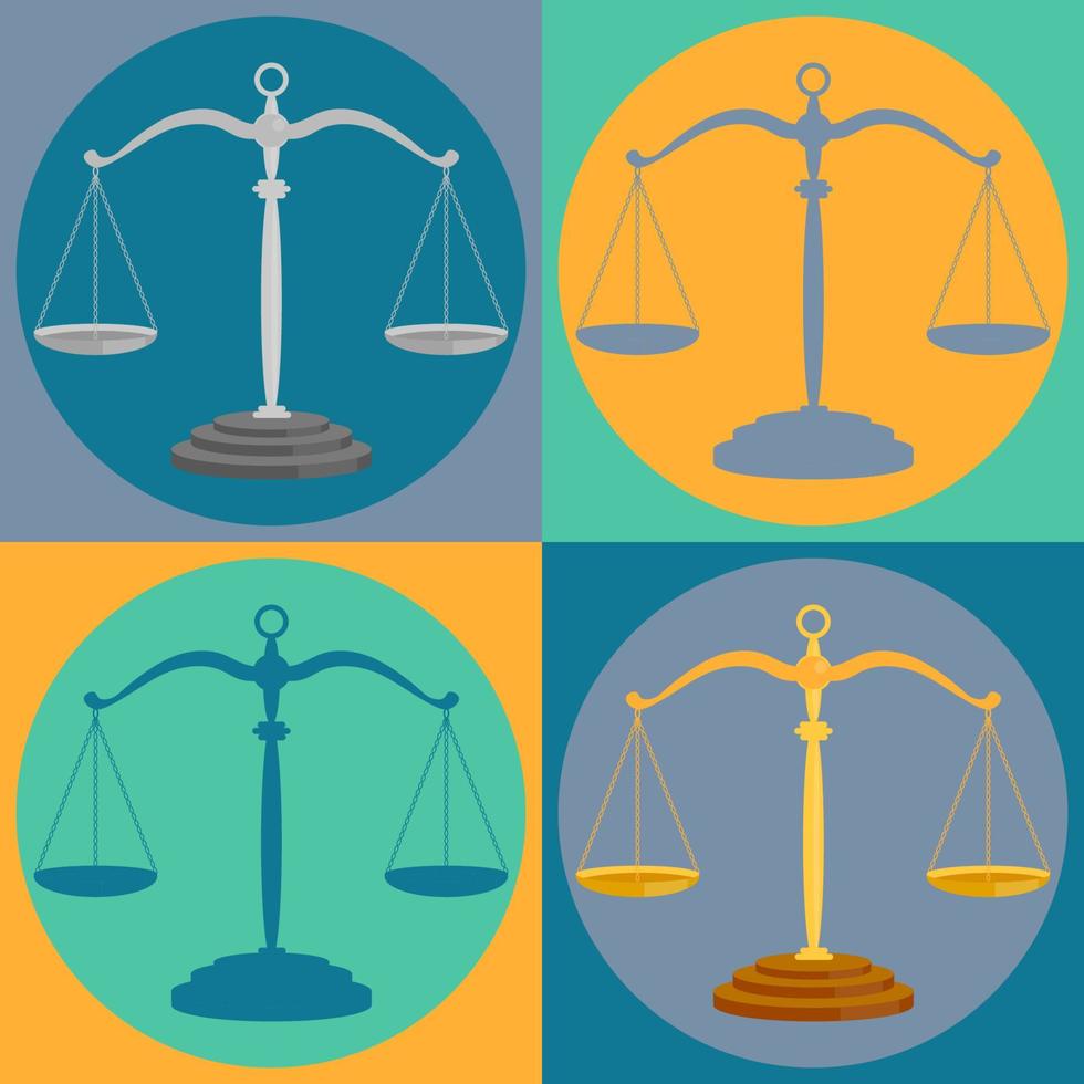 Court scales set. Justice balance symbols and lawyers equality signs, judge scale silhouettes, lawfulness and judgement icons in circles. vector