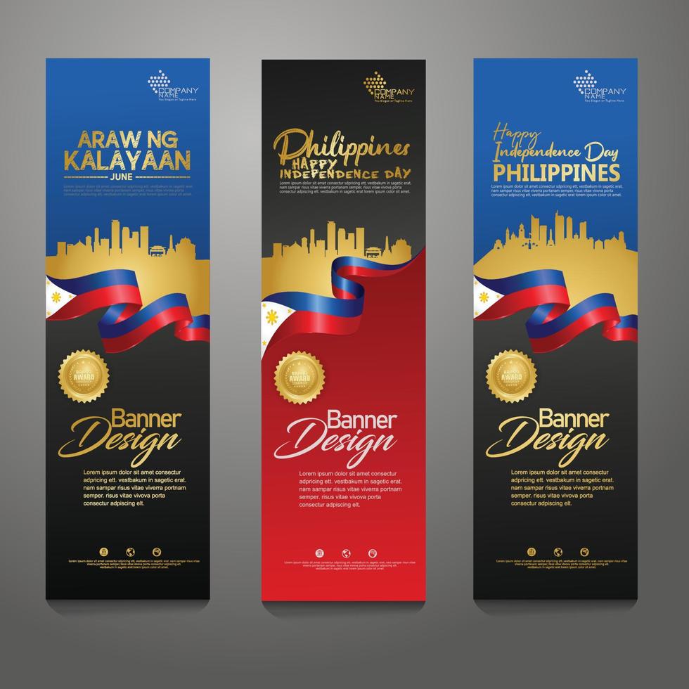 establecer plantilla de diseño de banner horizontal. feliz día de la independencia de filipinas fondo moderno con bandera de cinta, cinta de premio de oro y ciudad de silueta vector