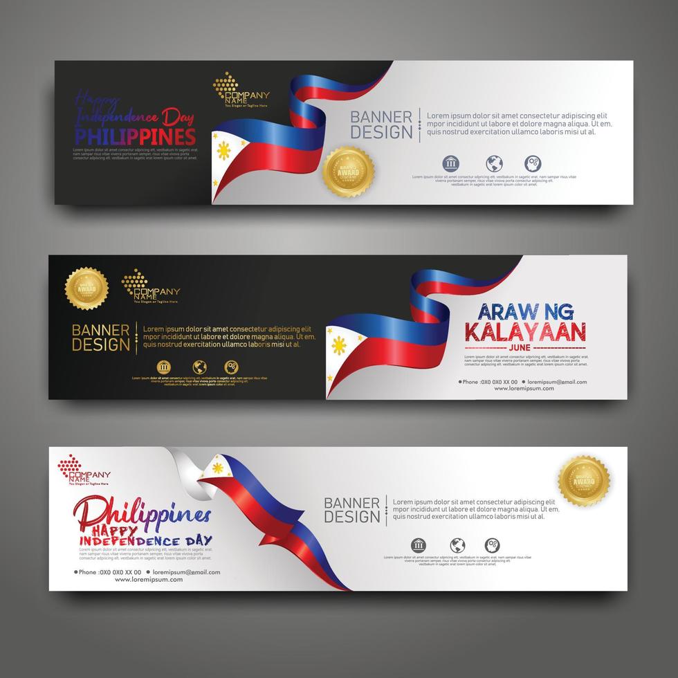 Set horizontal banner design template. Happy Independence Day Philippines modern background with ribbon flag, gold award ribbon and silhouette city vector