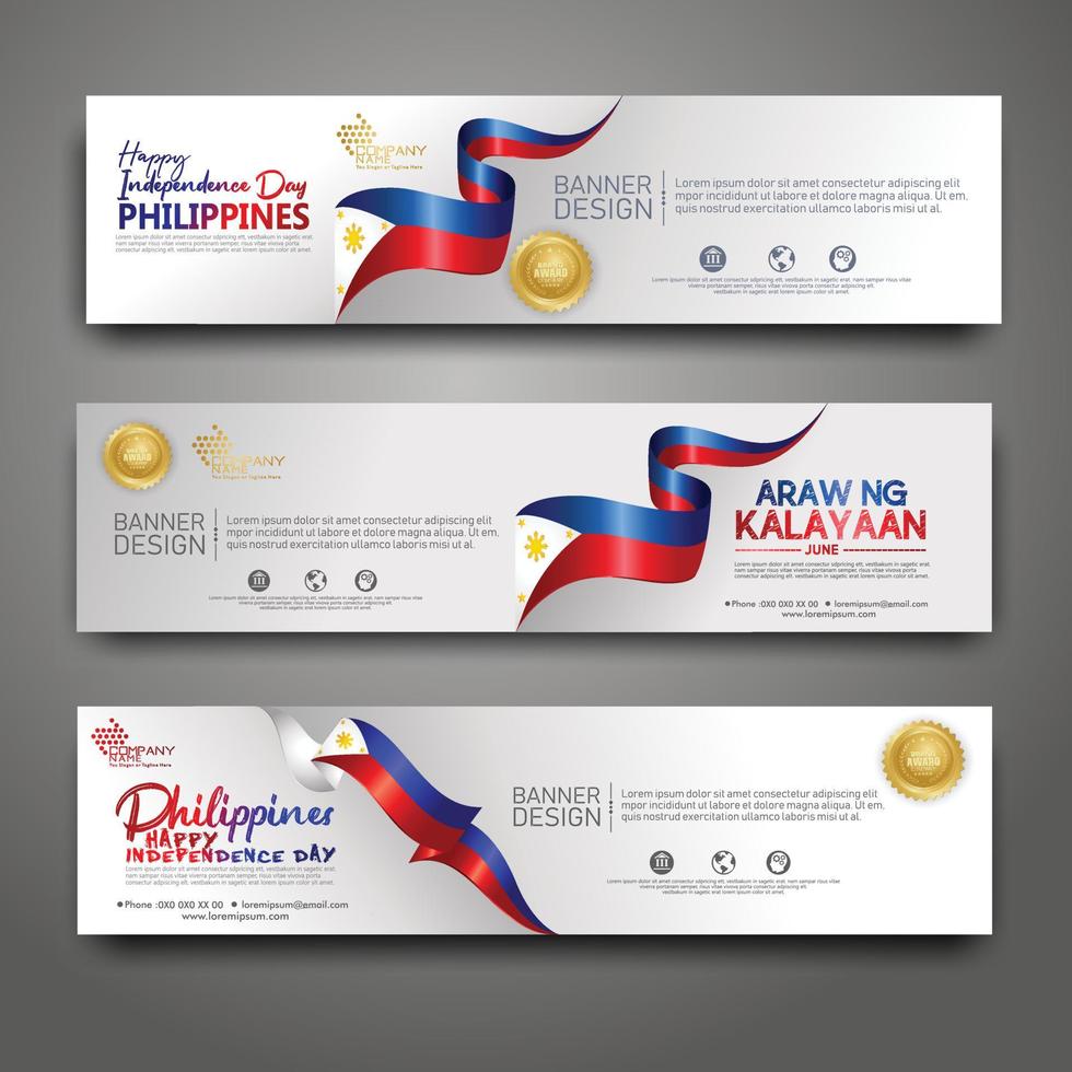 establecer plantilla de diseño de banner horizontal. feliz día de la independencia de filipinas fondo moderno con bandera de cinta, cinta de premio de oro y ciudad de silueta vector