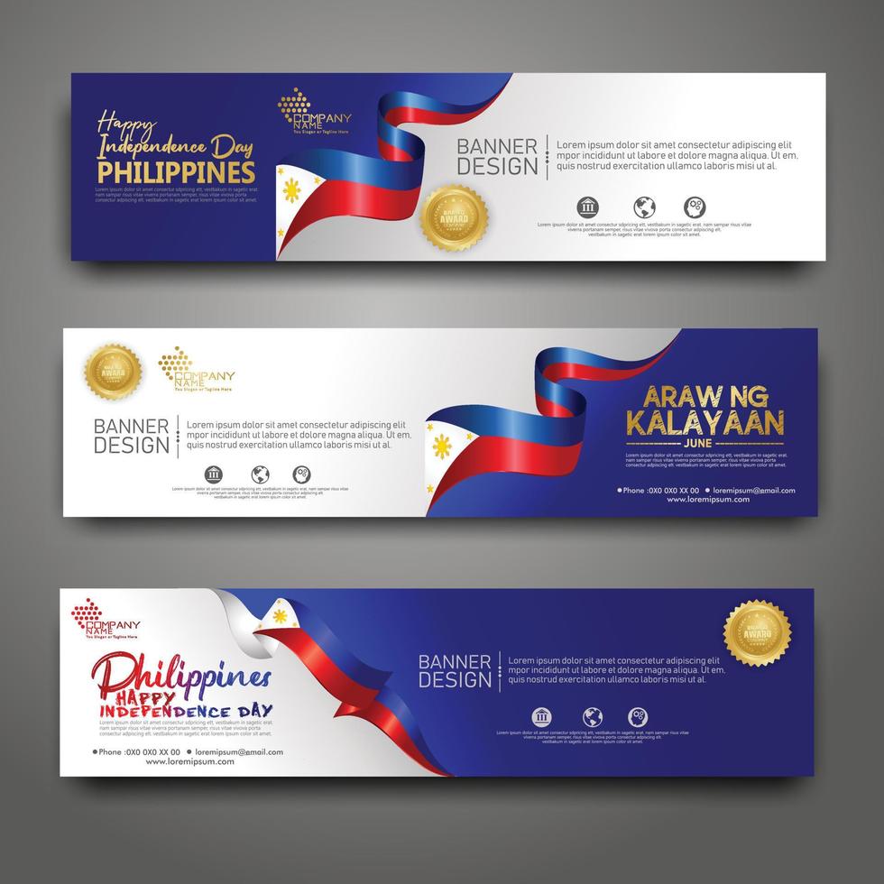 Set horizontal banner design template. Happy Independence Day Philippines modern background with ribbon flag, gold award ribbon and silhouette city vector
