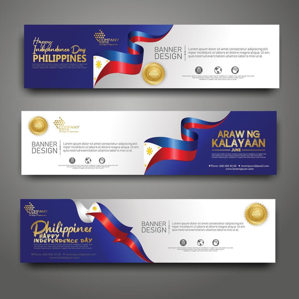 Set horizontal banner design template. Happy Independence Day Philippines modern background with ribbon flag, gold award ribbon and silhouette city vector