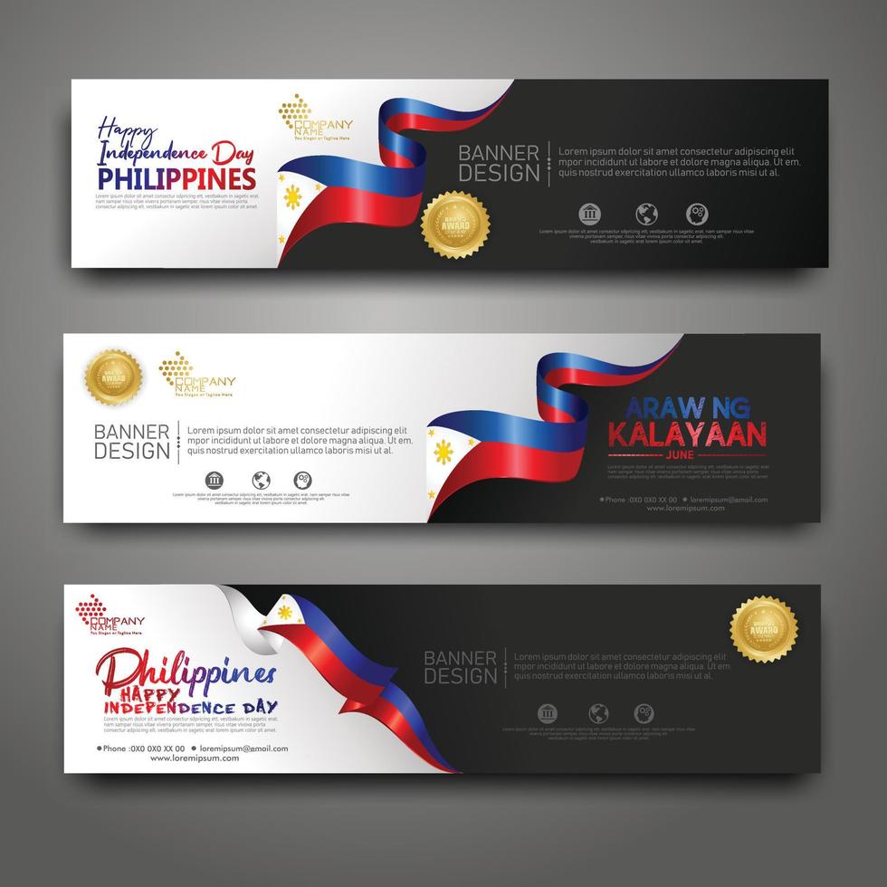 Set horizontal banner design template. Happy Independence Day Philippines modern background with ribbon flag, gold award ribbon and silhouette city vector