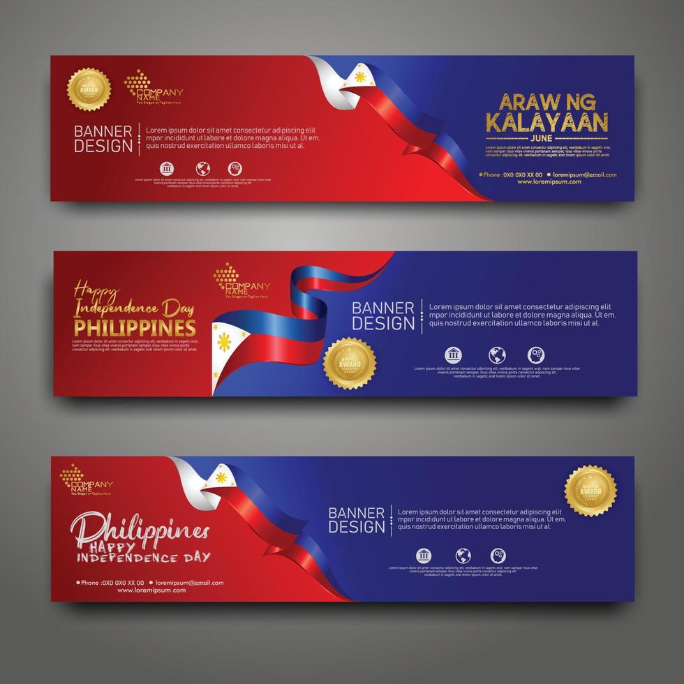 Set horizontal banner design template. Happy Independence Day Philippines modern background with ribbon flag, gold award ribbon and silhouette city vector