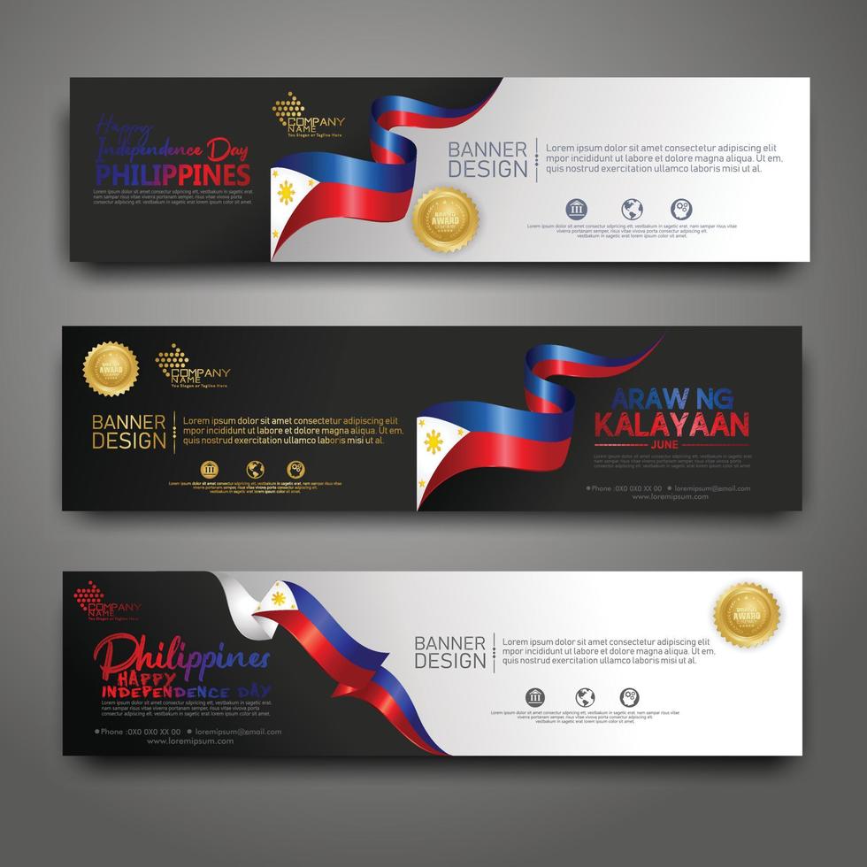 establecer plantilla de diseño de banner horizontal. feliz día de la independencia de filipinas fondo moderno con bandera de cinta, cinta de premio de oro y ciudad de silueta vector