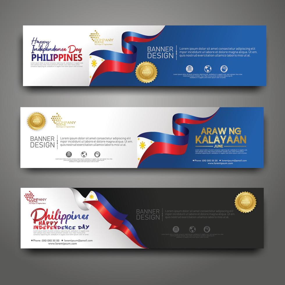 Set horizontal banner design template. Happy Independence Day Philippines modern background with ribbon flag, gold award ribbon and silhouette city vector