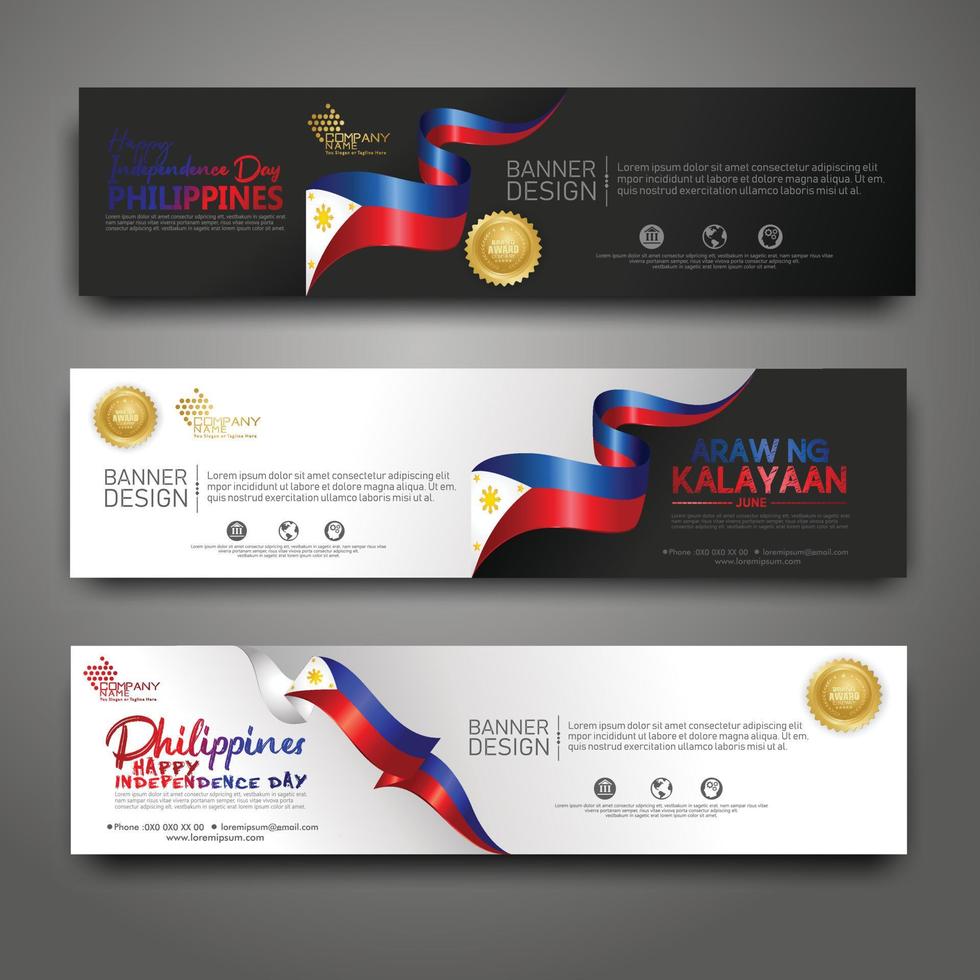 Set horizontal banner design template. Happy Independence Day Philippines modern background with ribbon flag, gold award ribbon and silhouette city vector
