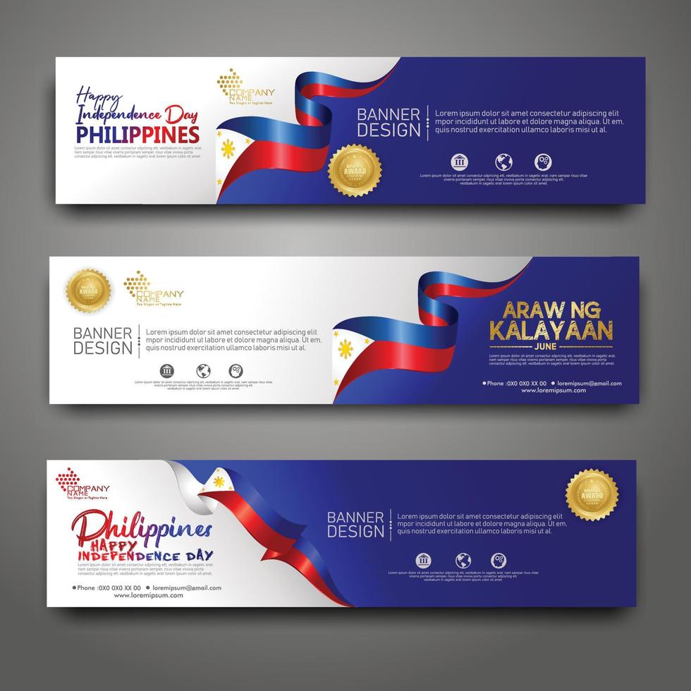 Set horizontal banner design template. Happy Independence Day Philippines modern background with ribbon flag, gold award ribbon and silhouette city vector
