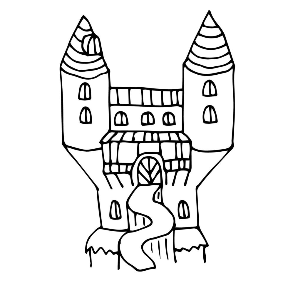 Cartoon doodle linear castle isolated on white background. vector