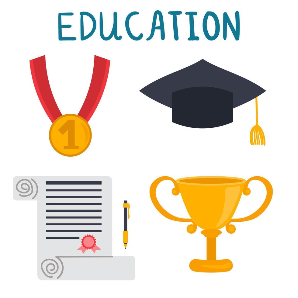 Cartoon set of training awards, cup from competitions, diploma, medal with first place, student cap. Education character collection isolated on white. vector