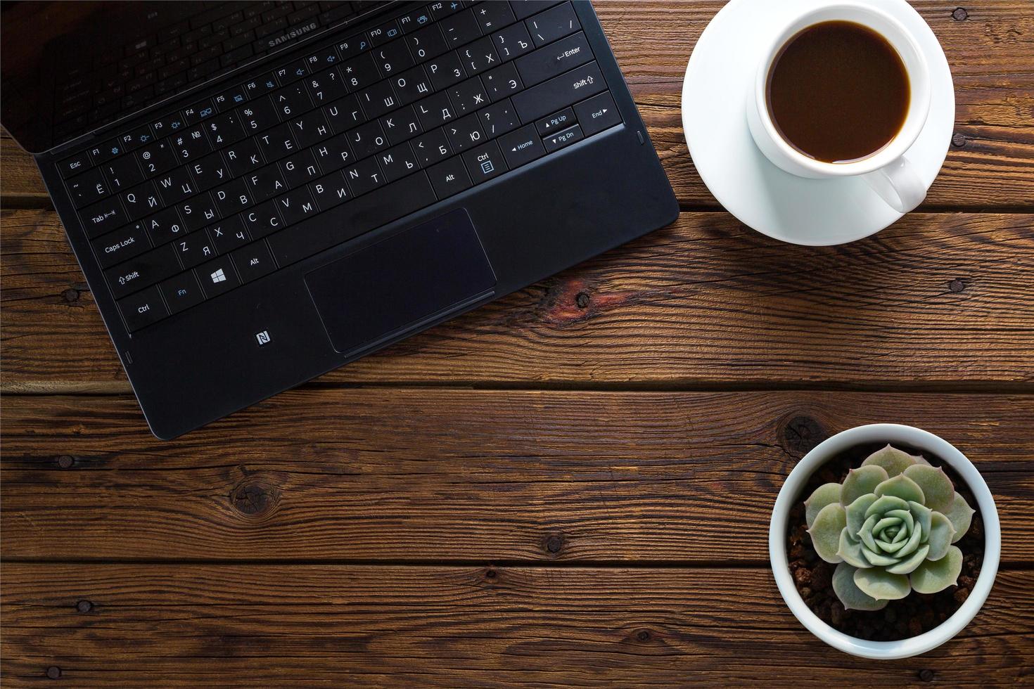 Table with laptop, coffee and succulent photo
