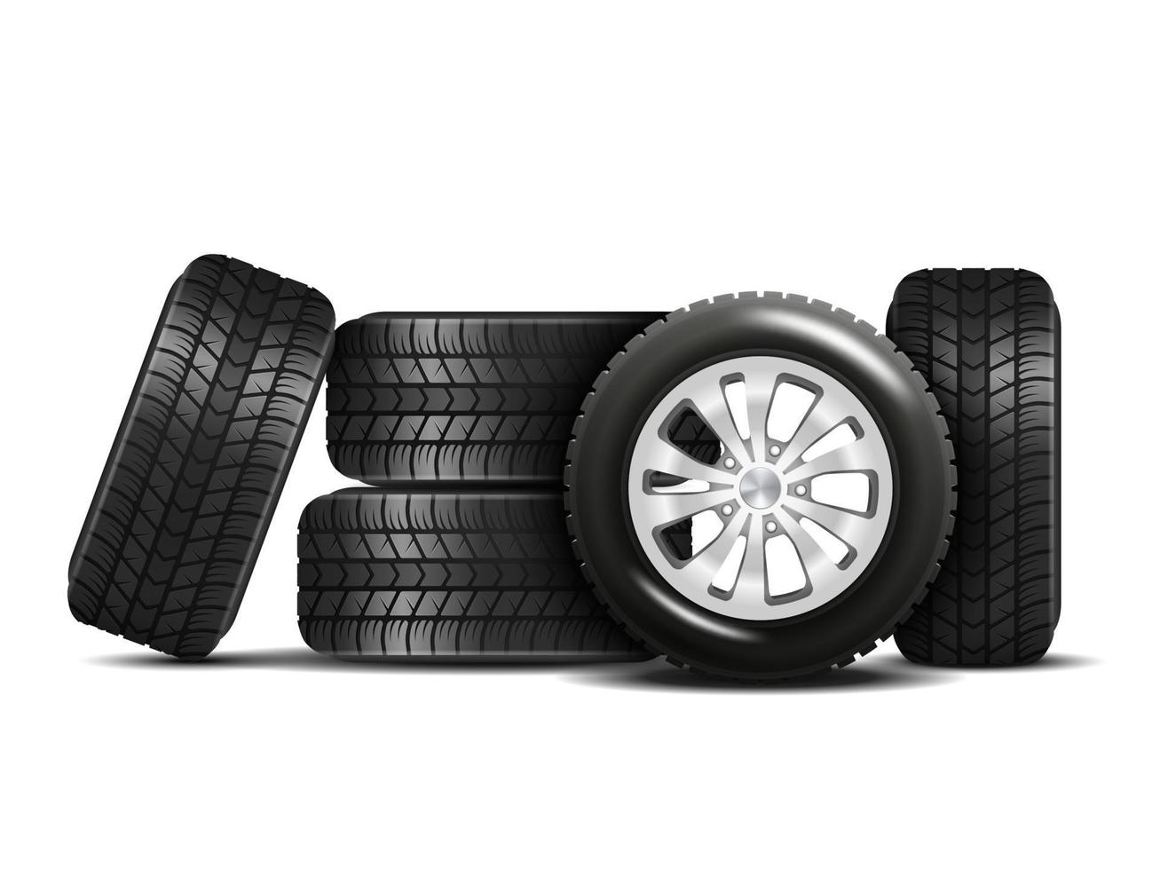 Realistic car wheels set with alloy rims, front and side view composition. Isolated vector on a white background