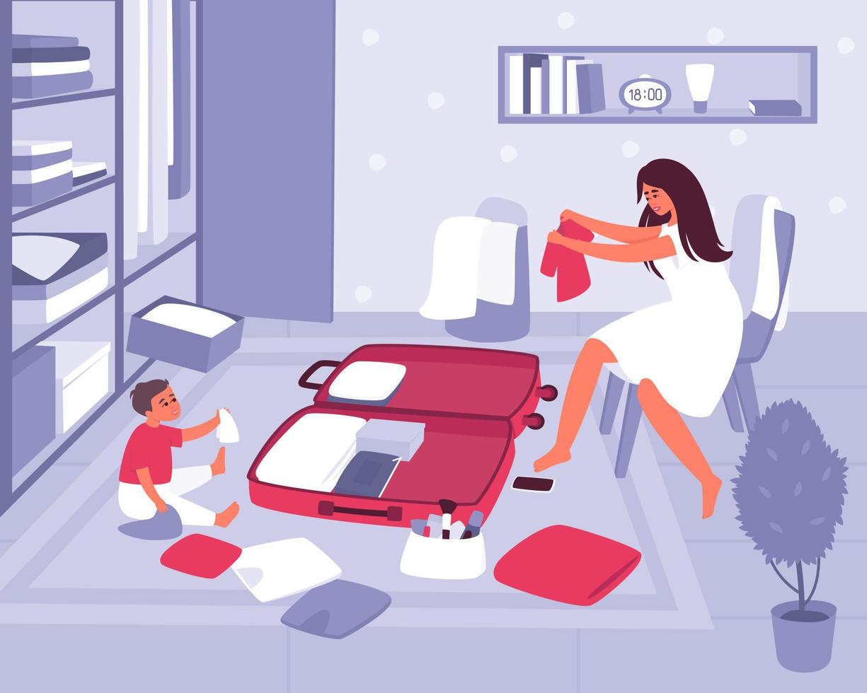 Mom with a baby in the room collects a suitcase for the road vector