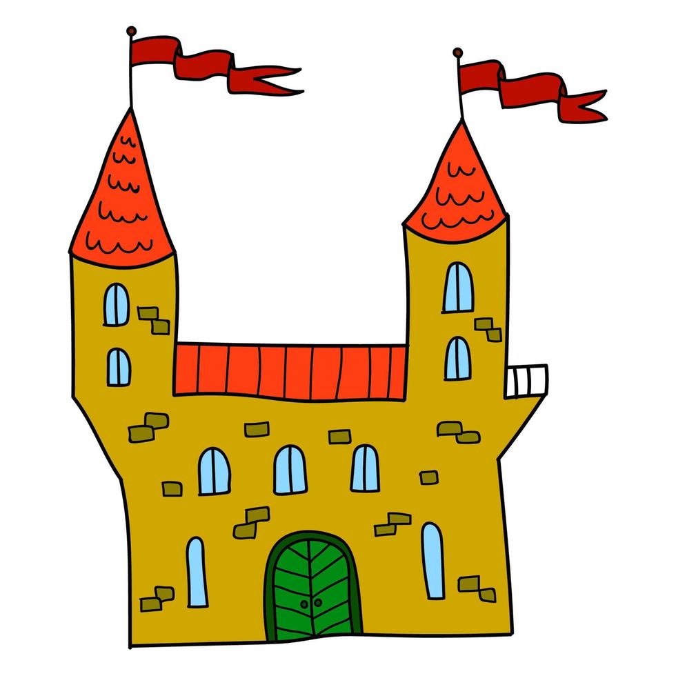 castillo retro de fideos lineales de dibujos animados con bandera aislada en fondo blanco. vector