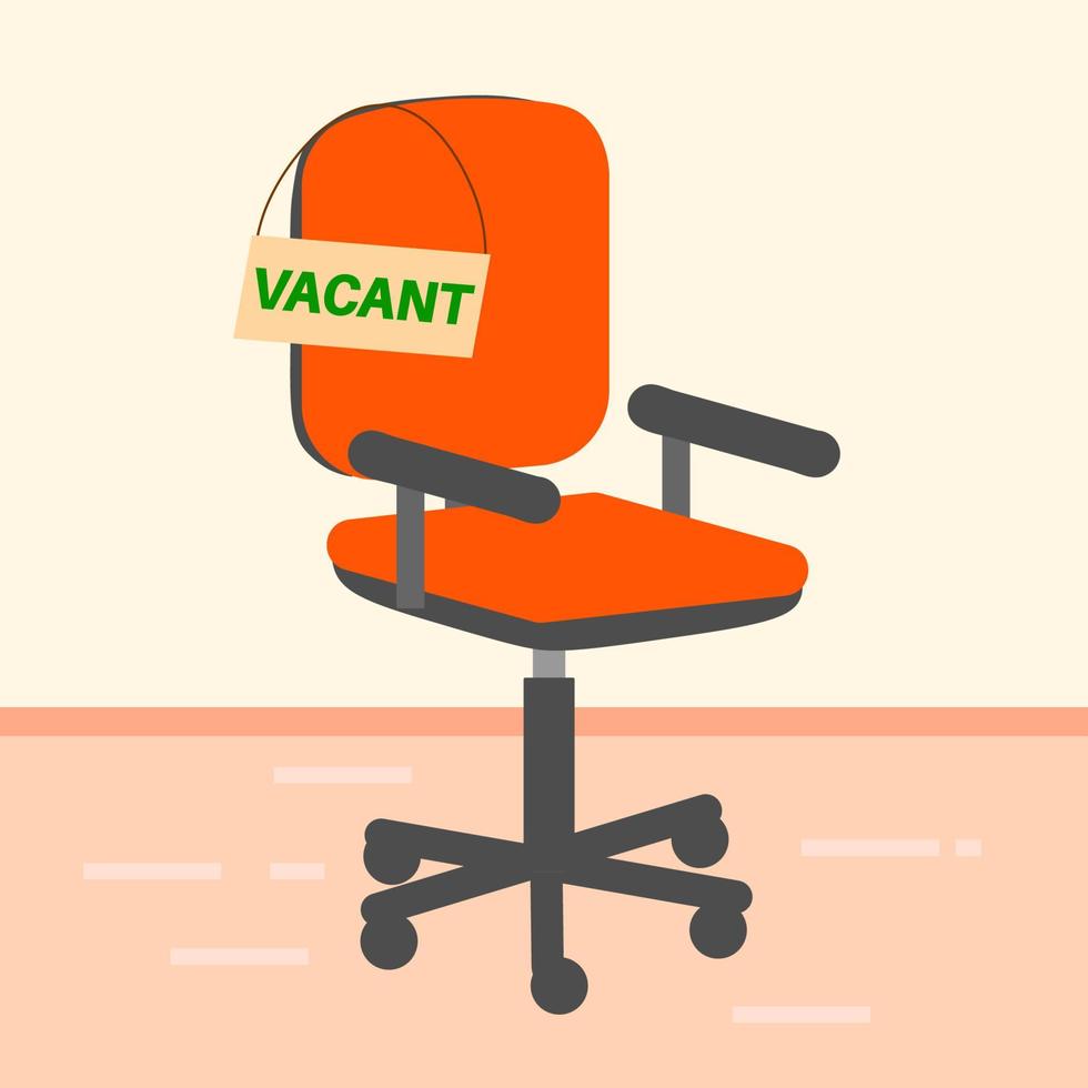 Empty office chair with vacant sign. Employment, vacancy and hiring job concept. Chair vacant work, search employee. vector