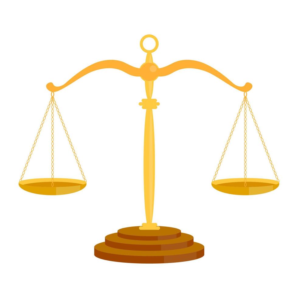 balanzas de corte. símbolo de equilibrio de justicia y signo de igualdad de abogados, icono de legalidad y juicio aislado en blanco. vector