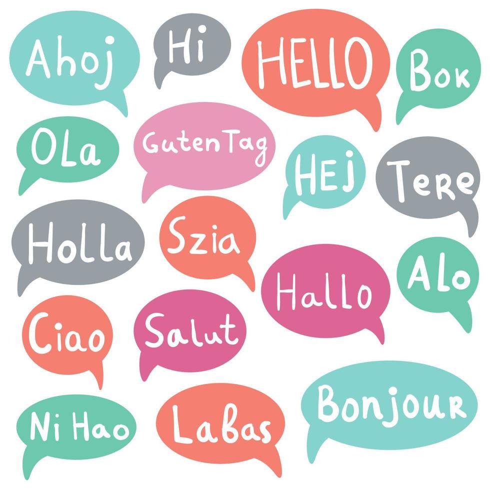 Hello, Hi with speech bubbles on different languages. Translation concept. Hand drawn icons isolated on white background. vector