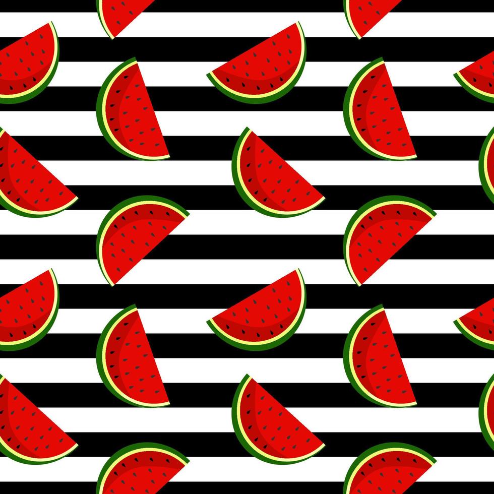 vector de fondo de sandía con semillas negras. patrón de sandías sin fisuras. vector de fondo con rodajas de sandía. vector, seamless, patrón, de, fruta, sandía