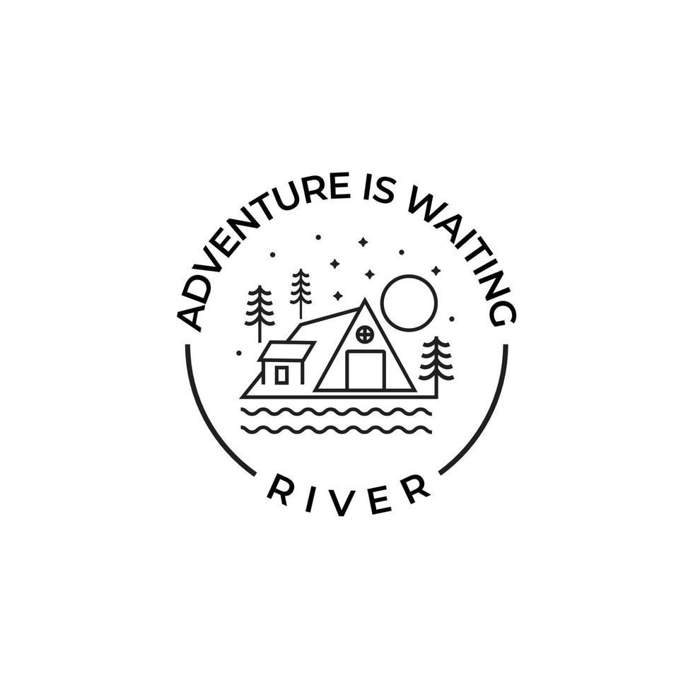 diseño de ilustración de insignia de camping. logotipo al aire libre de wigwam junto al lago, logotipo redondo vector