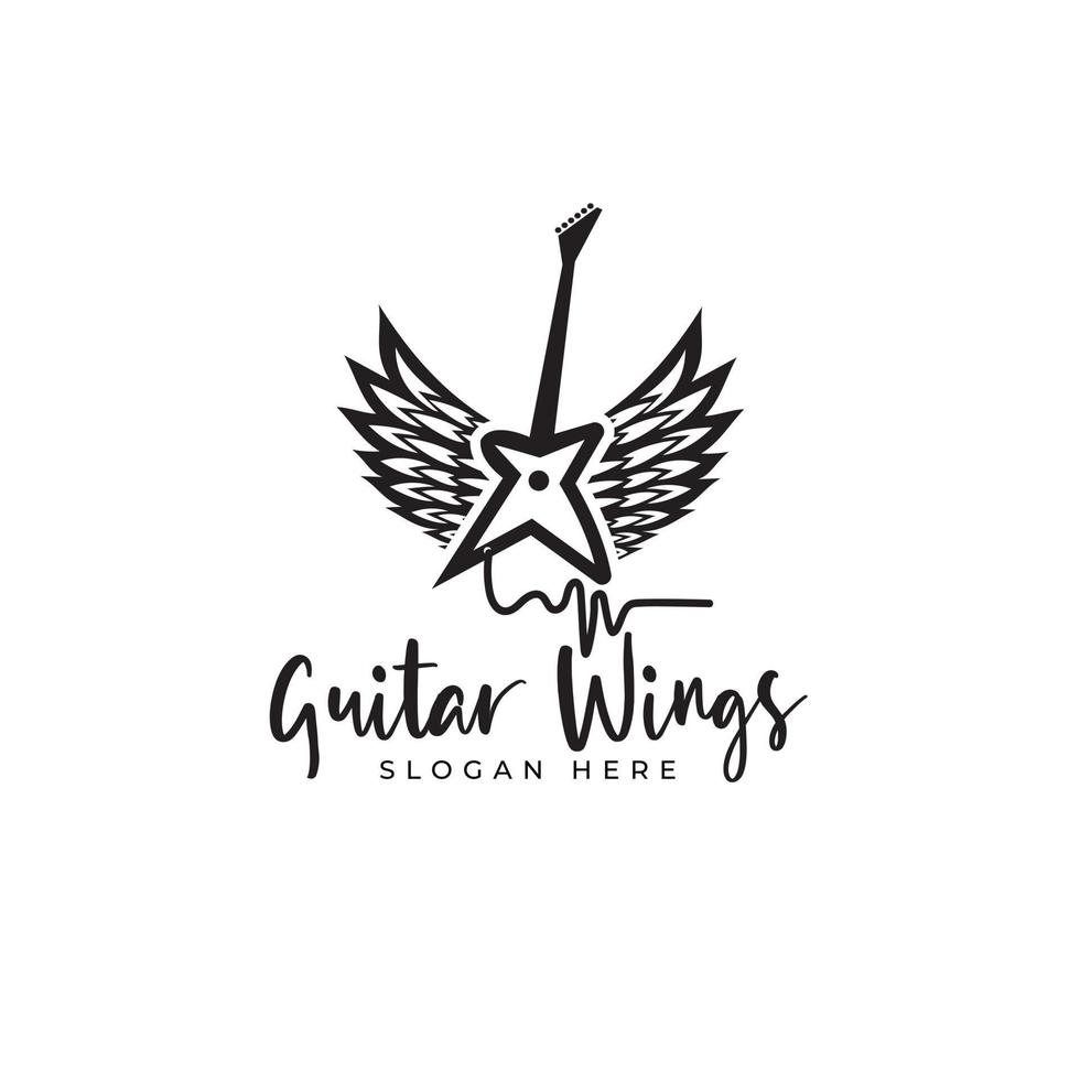 logotipo de guitarra eléctrica con alas tienda de música etiqueta vintage elementos de diseño de plantilla de estilo grunge vector
