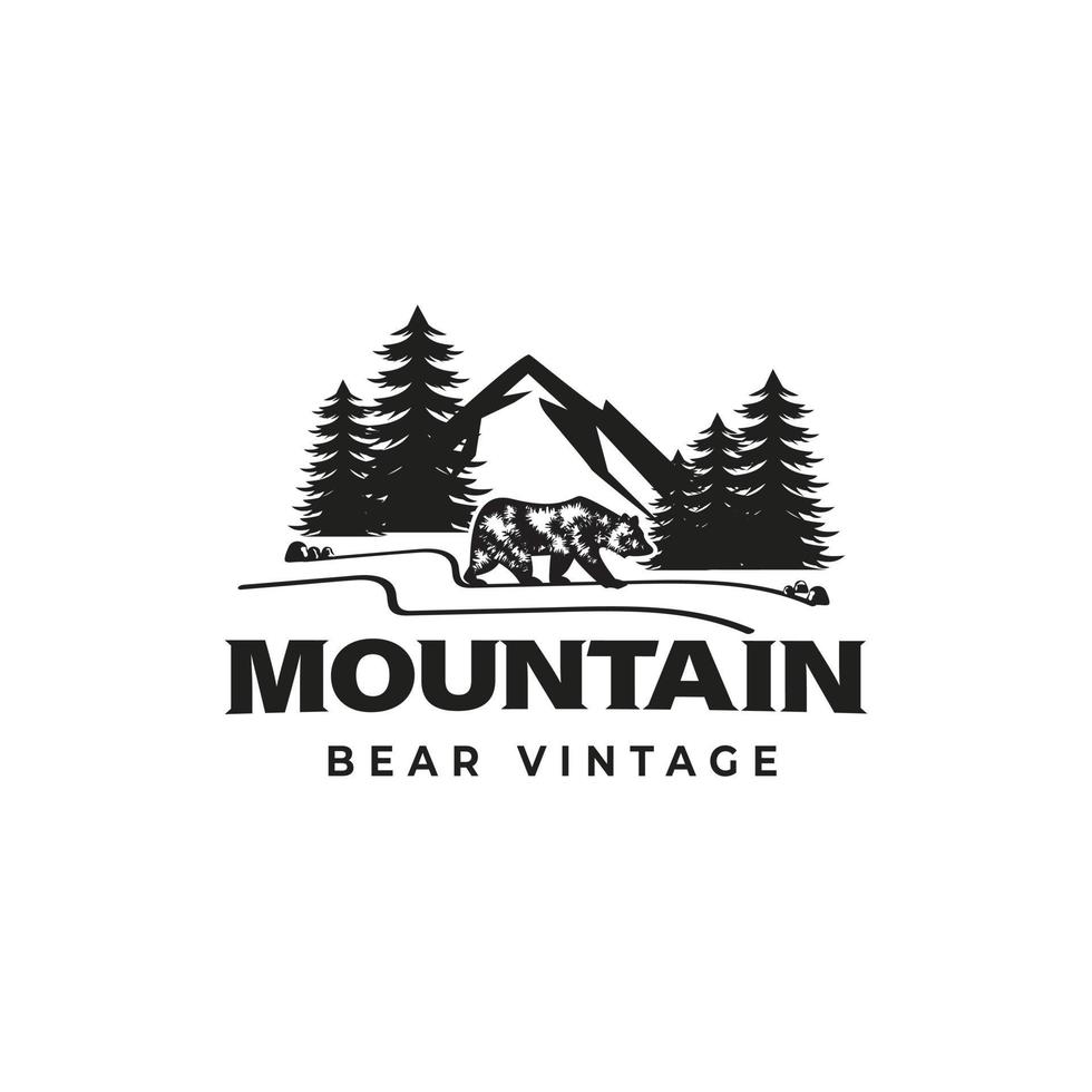 logotipo de oso vintage caminando sobre el fondo de la orilla del río de montañas y árboles. vector