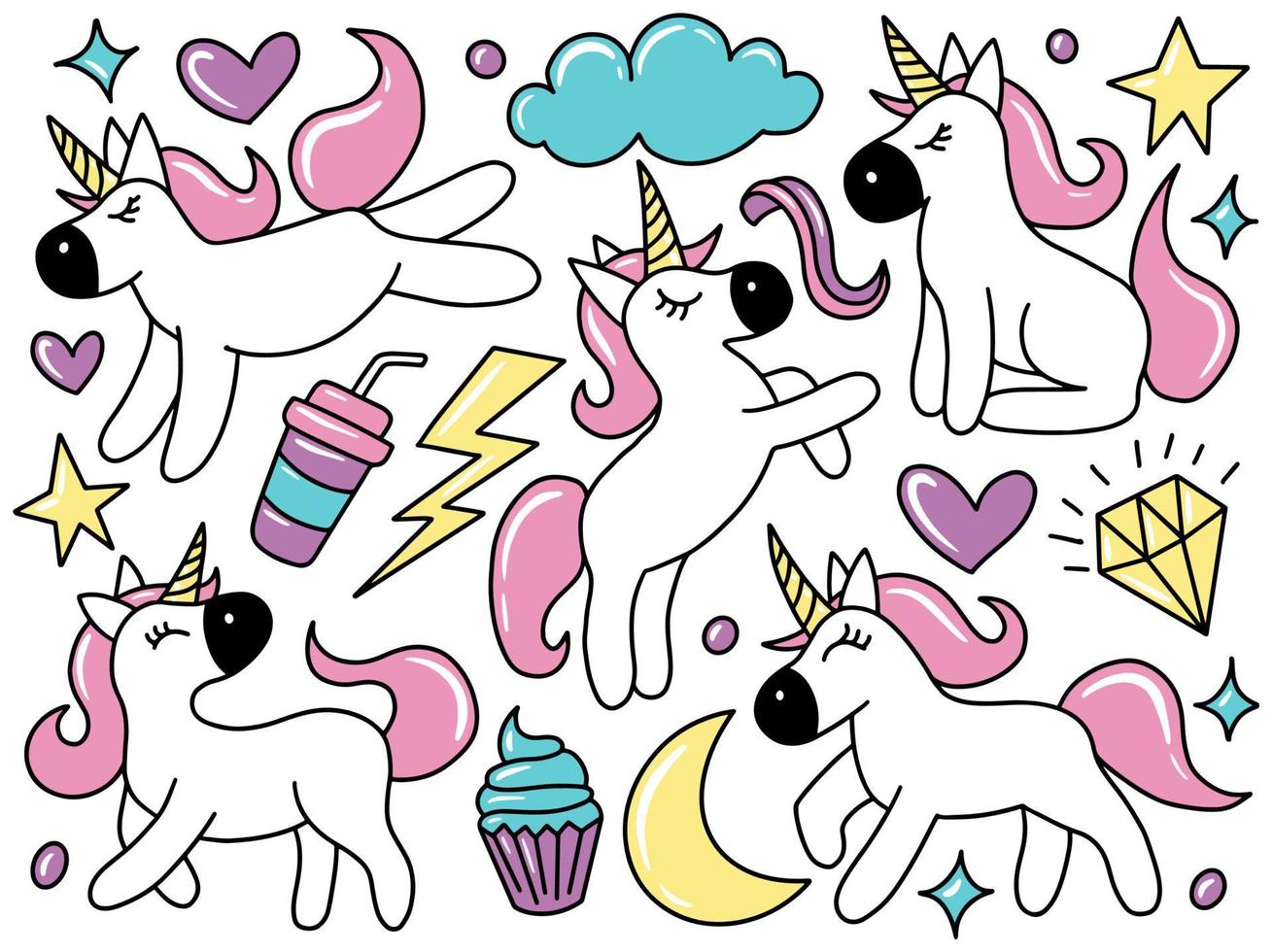 colección de imágenes prediseñadas de doodle de unicornio vector